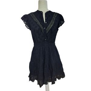 Gap Women's Navy Blue Flutter Sleeves Embroidered Vacation Travel Dress Sz Small